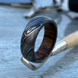 Damascus Steel Ring: Whiskey Barrel Wood Inlay, Handmade Wedding Band