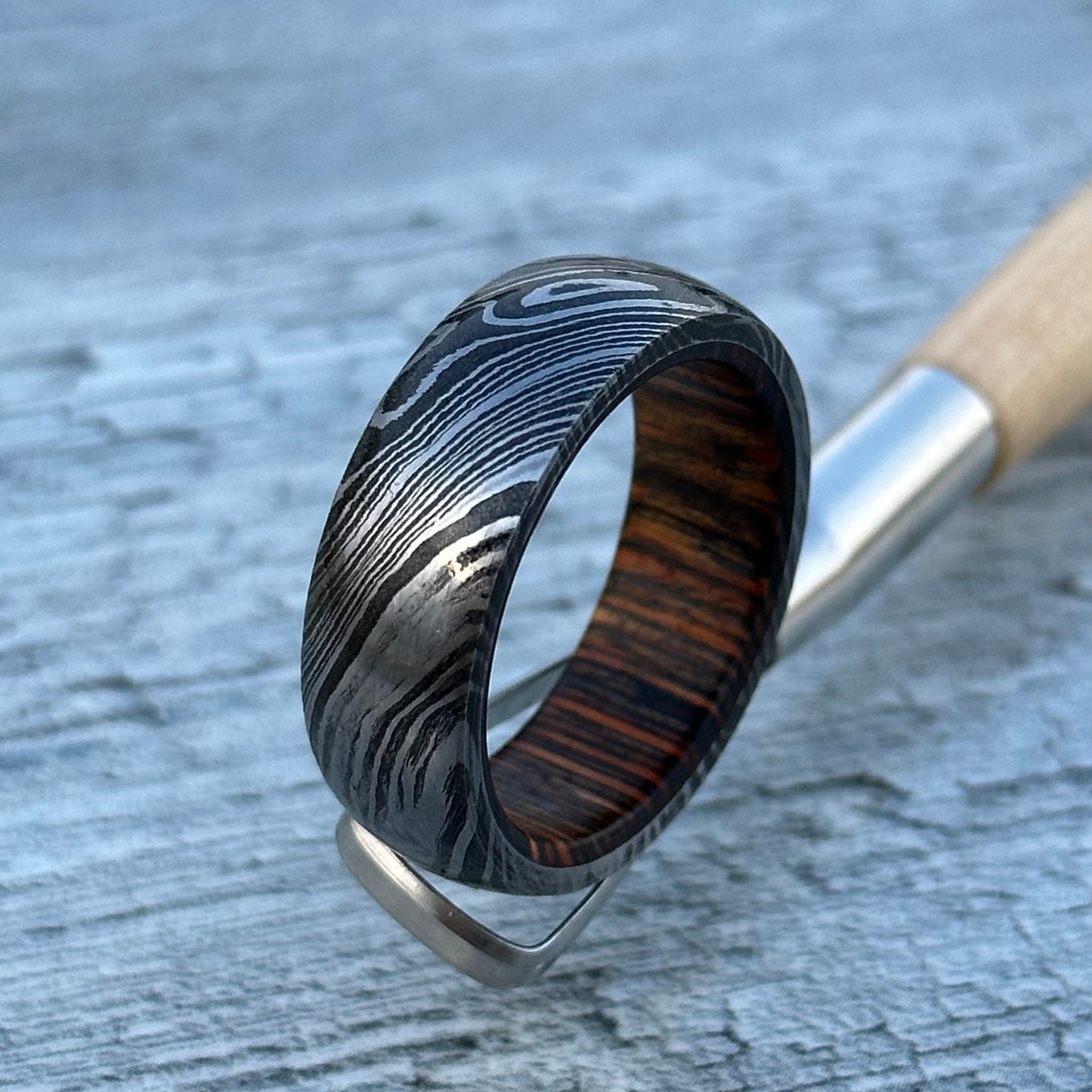 Damascus Steel Ring: Whiskey Barrel Wood Inlay, Handmade Wedding Band
