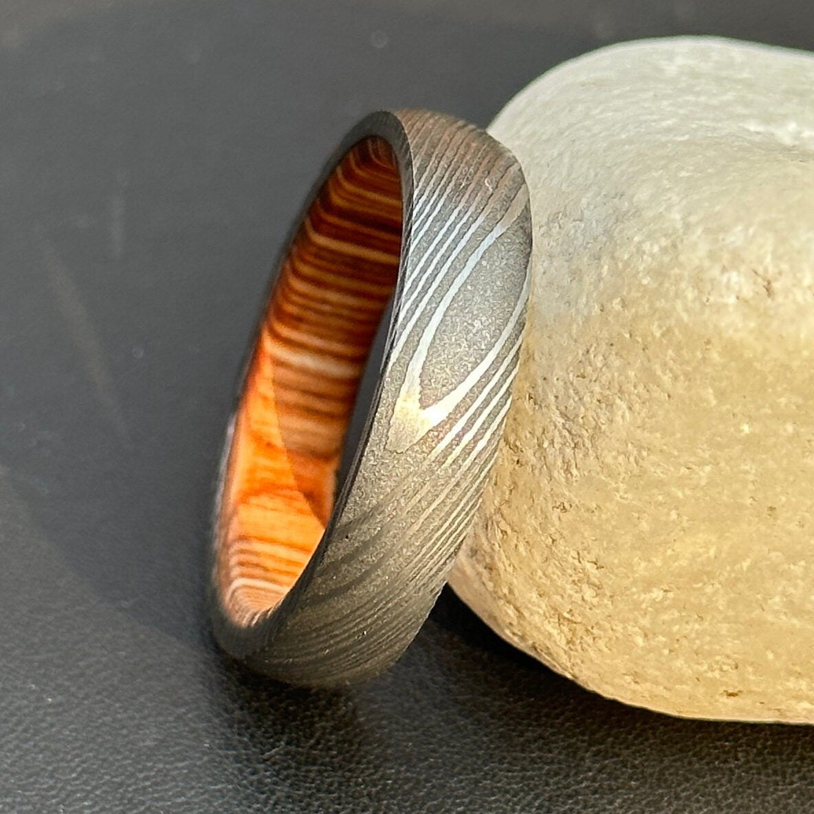 Handcrafted Damascus Steel Ring with Whiskey Barrel Wood - The Chisel