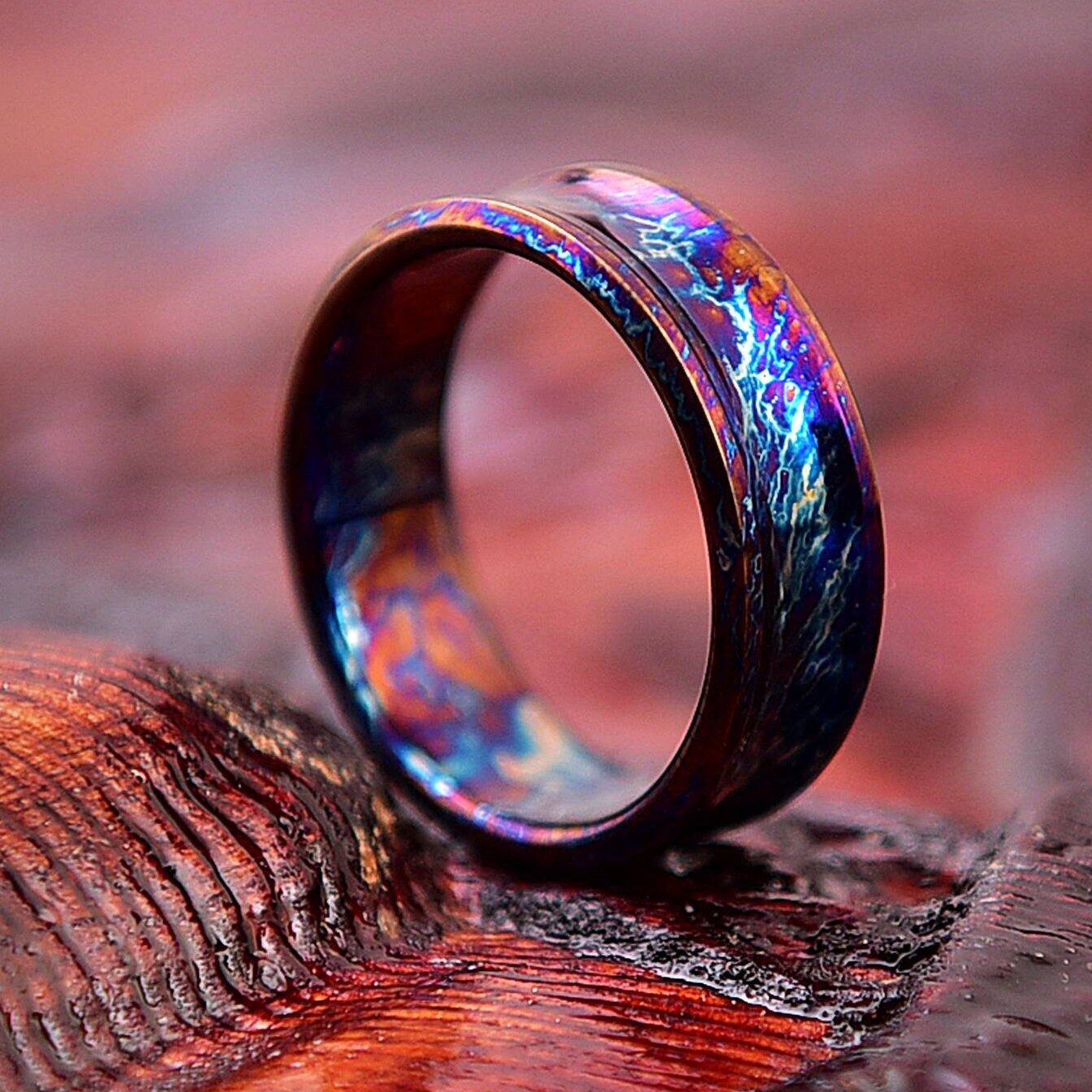 Heat Anodized Titanium Wedding Band: Colorful Concave Ring, Handmade USA