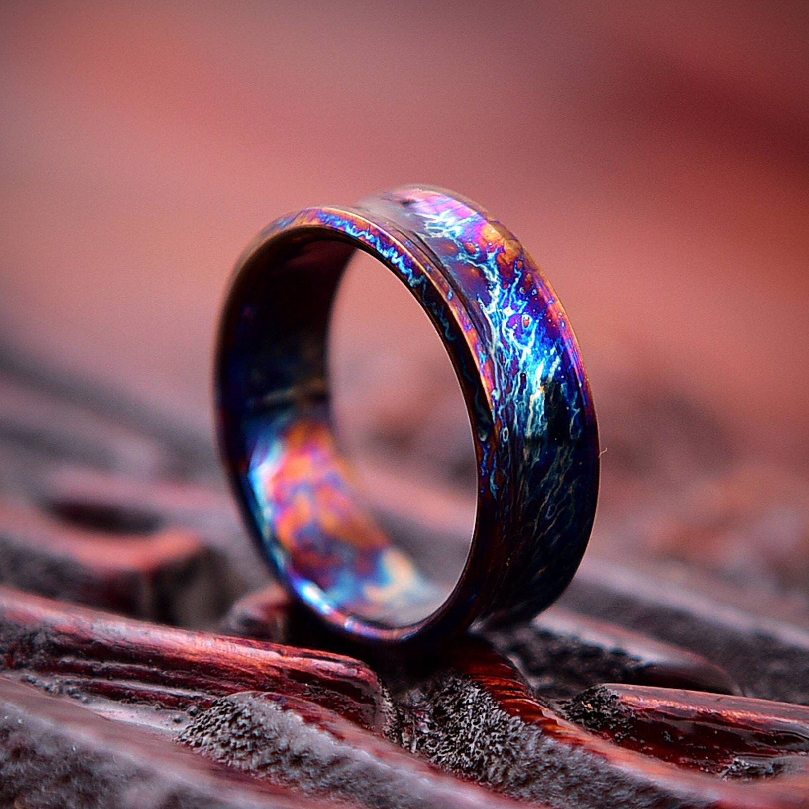 Heat Anodized Titanium Wedding Band: Colorful Concave Ring, Handmade USA