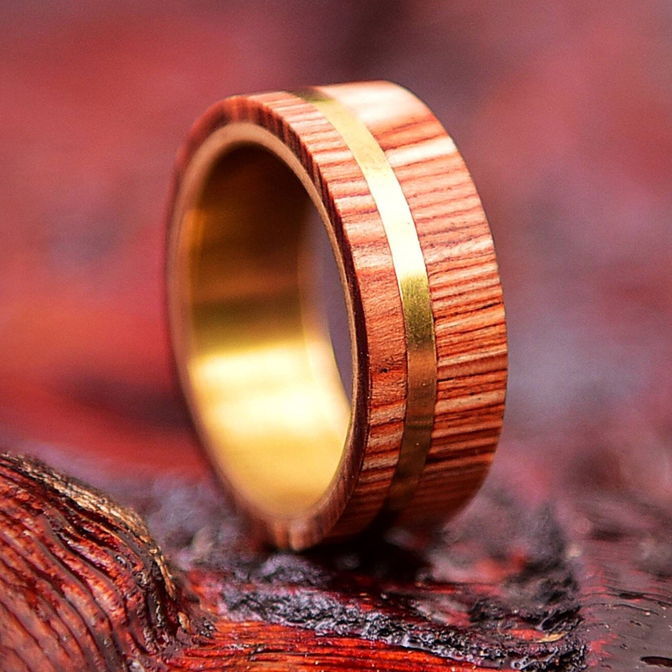 Handmade Whiskey Barrel Wood Ring with Brass Inlay - Unique Wedding Band