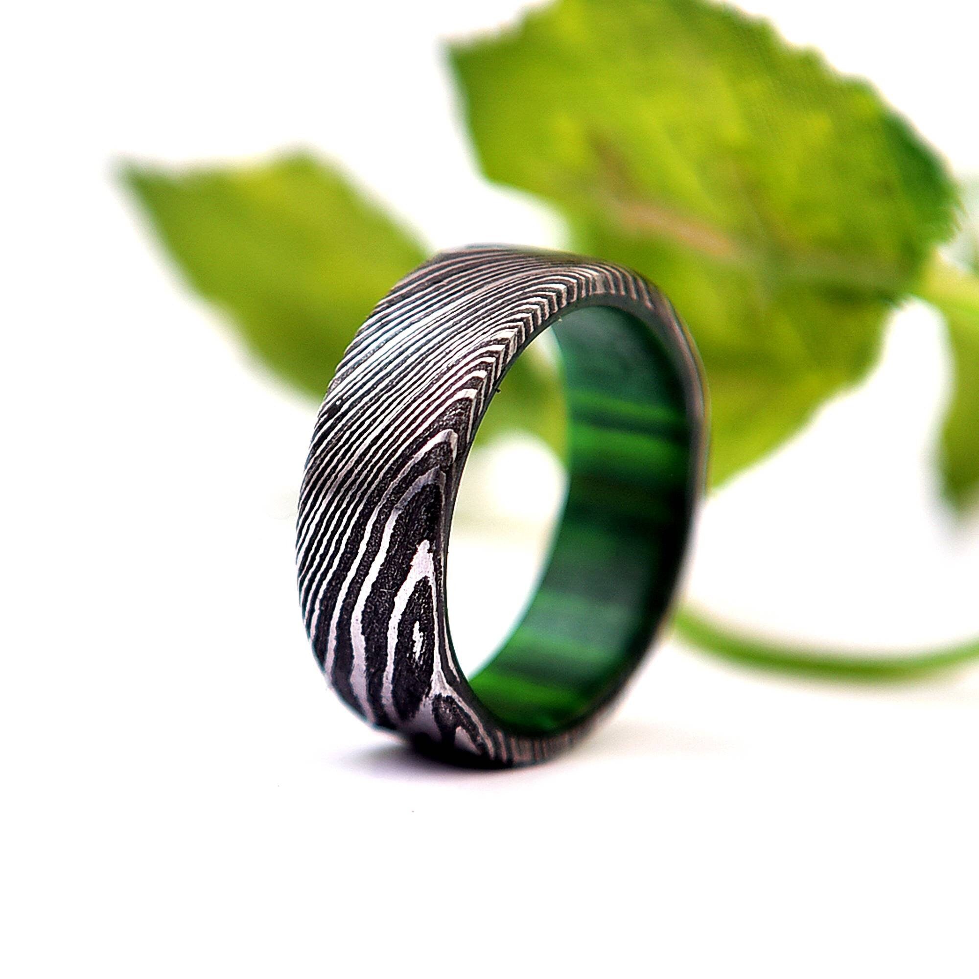 Damascus Steel & Whiskey Barrel Wood Ring: Handmade Mens Wedding Band
