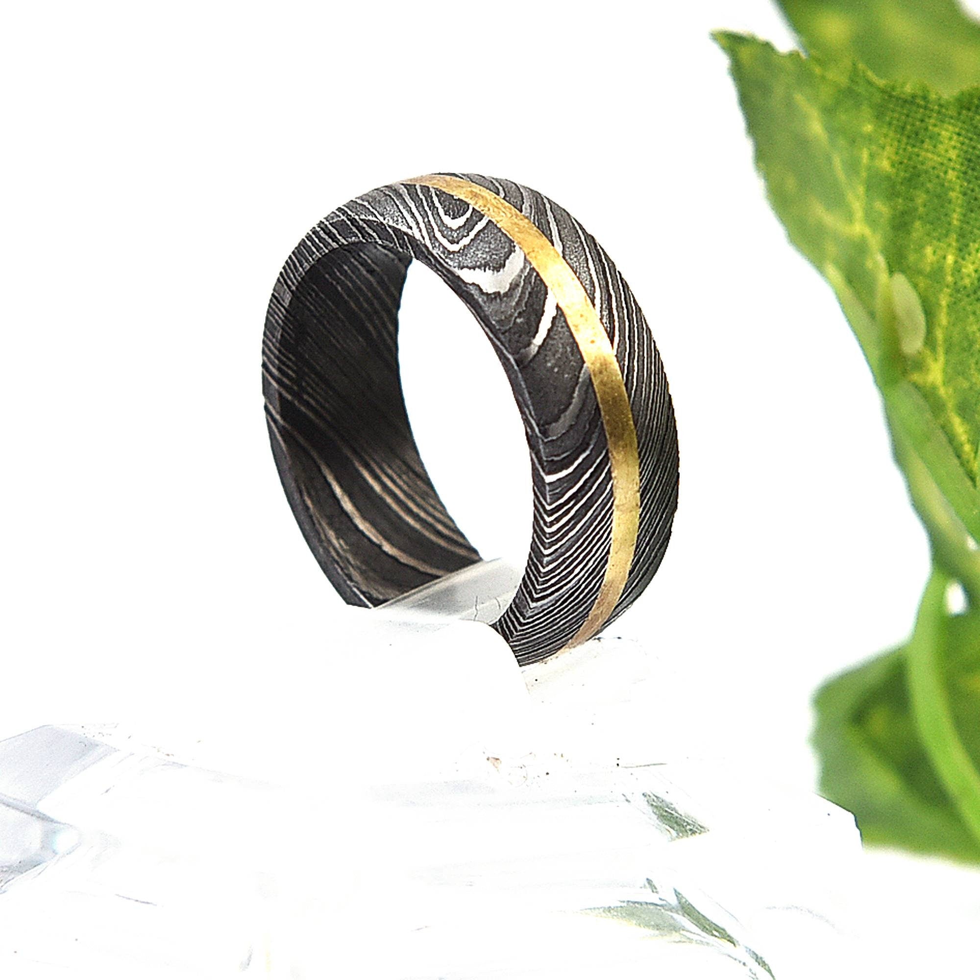 Handmade Damascus Steel Ring with Brass Lining