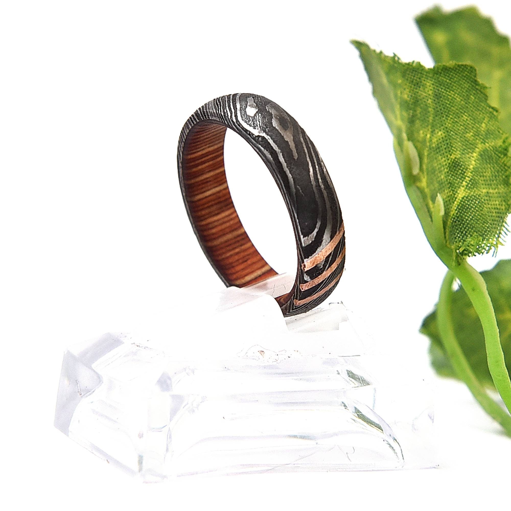 Damascus Steel Ring: Whisky Barrel Wood & Copper Lining