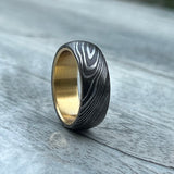 Handmade Damascus Steel Wedding Band: Hammered Ring with Brass Inlay