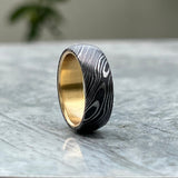 Handmade Damascus Steel Wedding Band: Hammered Ring with Brass Inlay