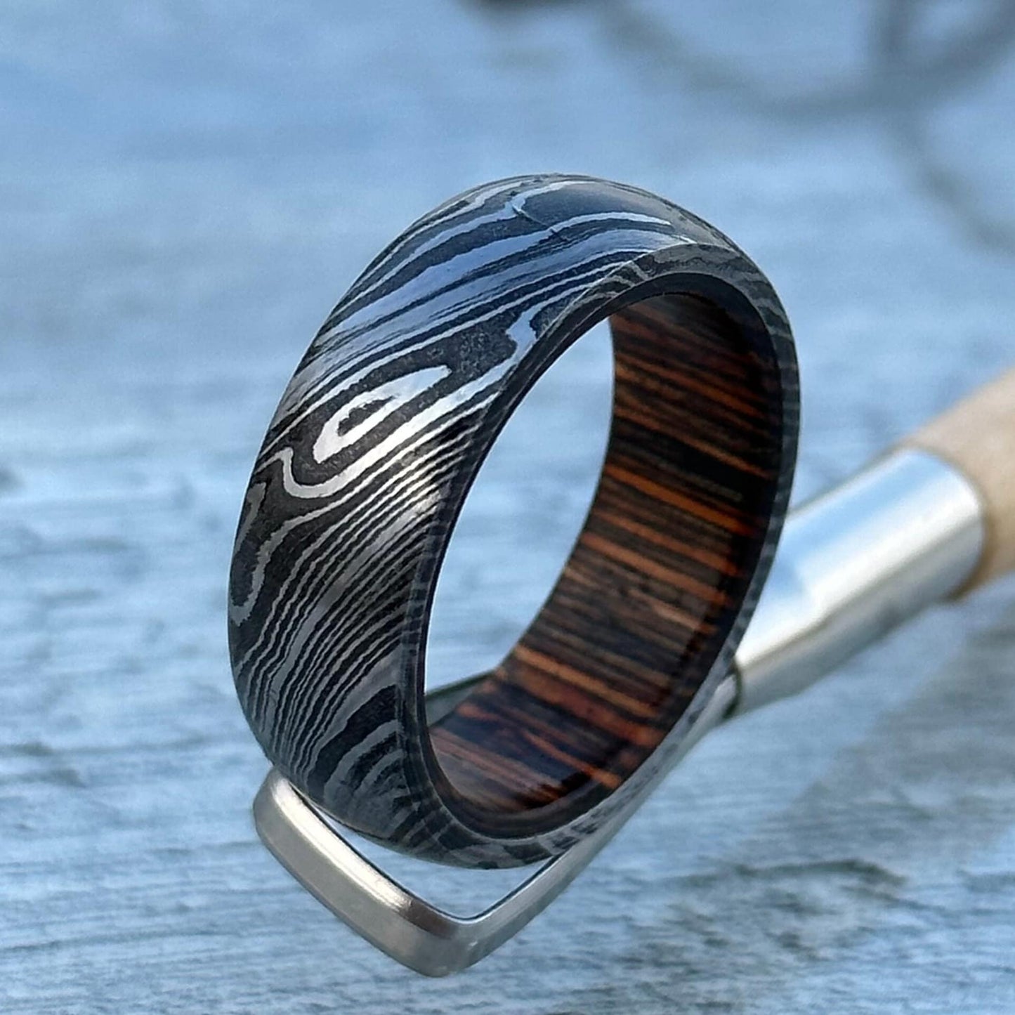 Damascus Steel Ring: Whiskey Barrel Wood Inlay, Handmade Wedding Band