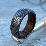 Damascus Steel Ring: Whiskey Barrel Wood Inlay, Handmade Wedding Band