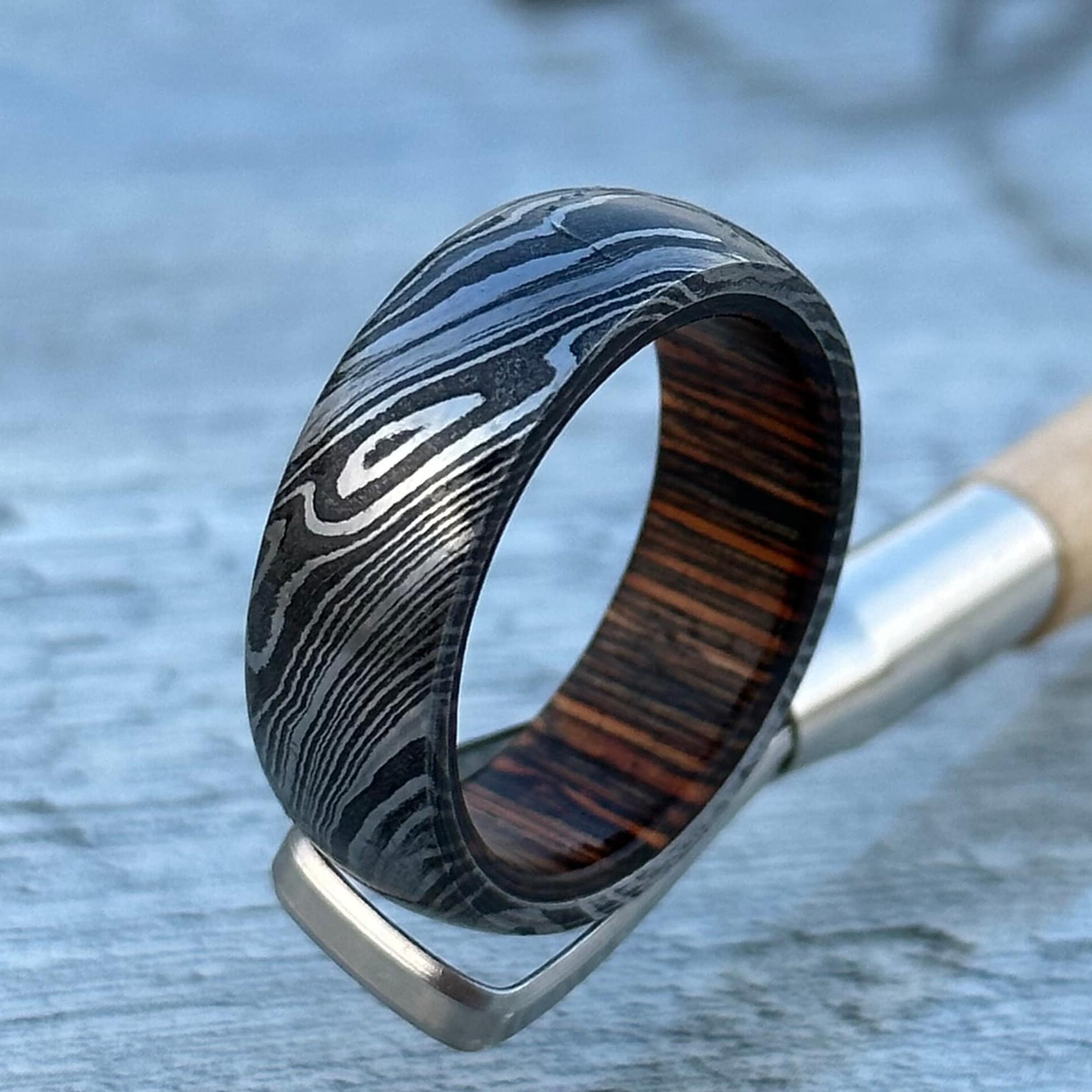 Damascus Steel Ring: Whiskey Barrel Wood Inlay, Handmade Wedding Band