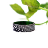 Damascus Steel & Whiskey Barrel Wood Ring: Handmade Mens Wedding Band