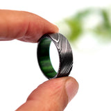 Damascus Steel & Whiskey Barrel Wood Ring: Handmade Mens Wedding Band