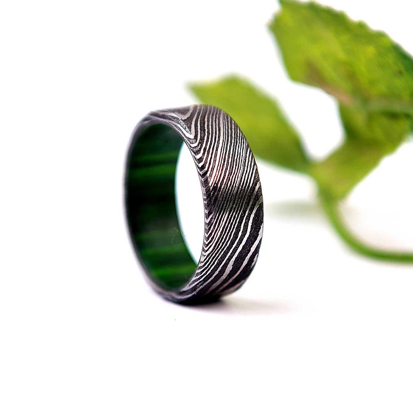 Damascus Steel & Whiskey Barrel Wood Ring: Handmade Mens Wedding Band