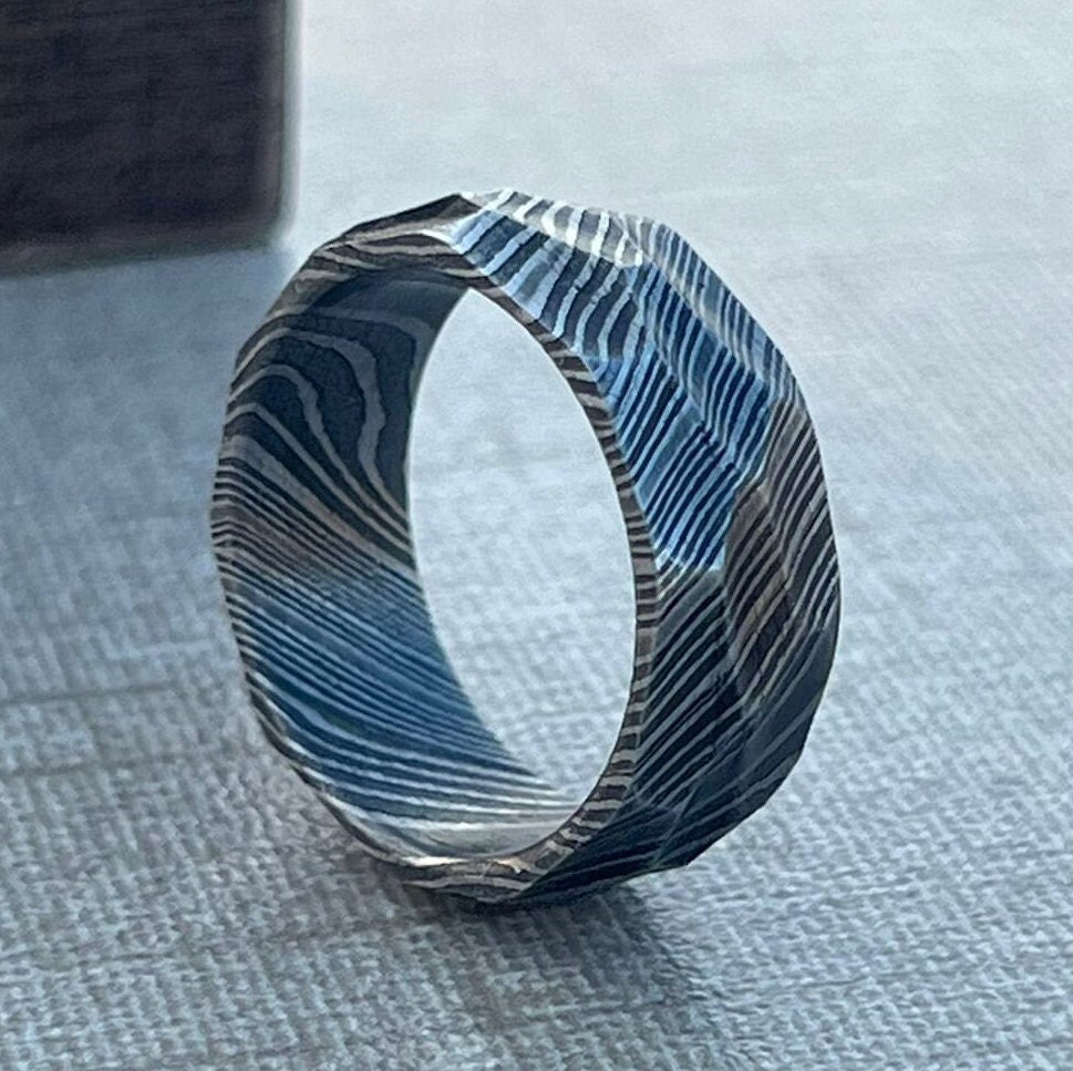 Damascus Steel Hammered Men's Wedding Band: 'The Titan' - 8mm