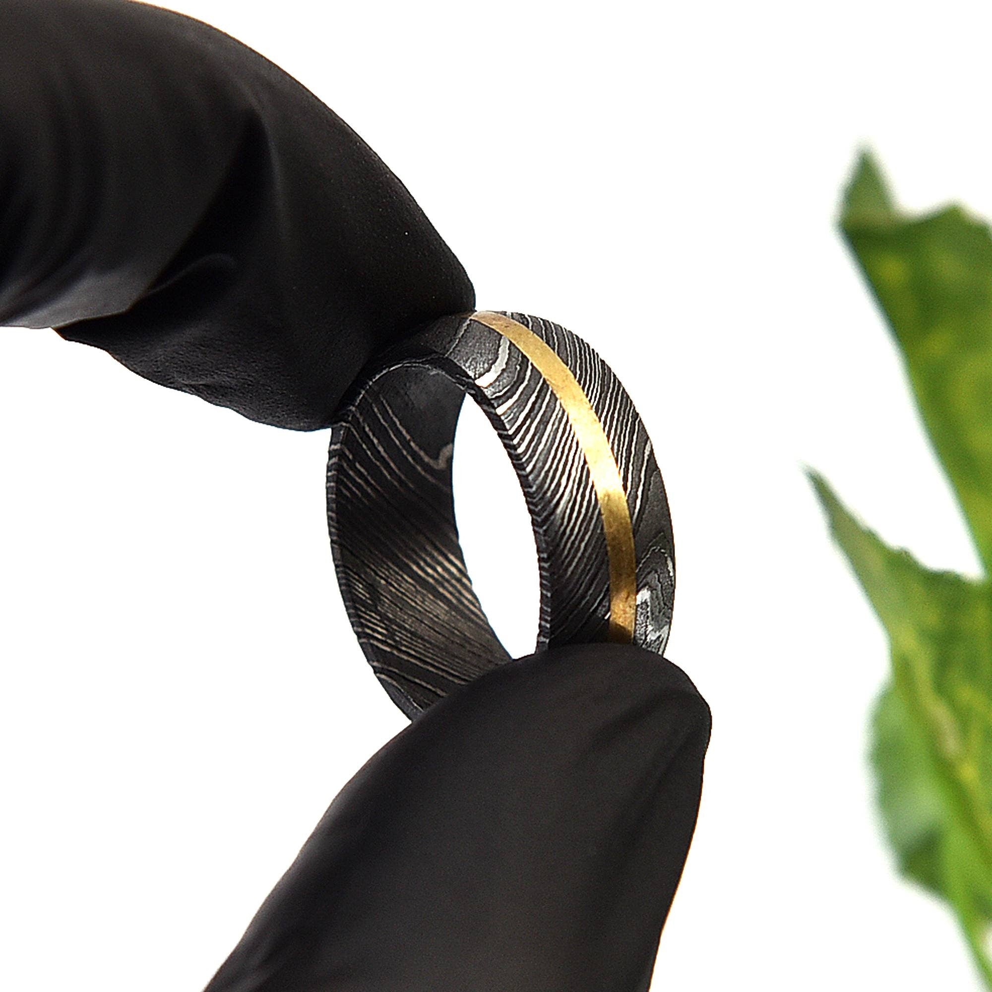 Handmade Damascus Steel Ring with Brass Lining