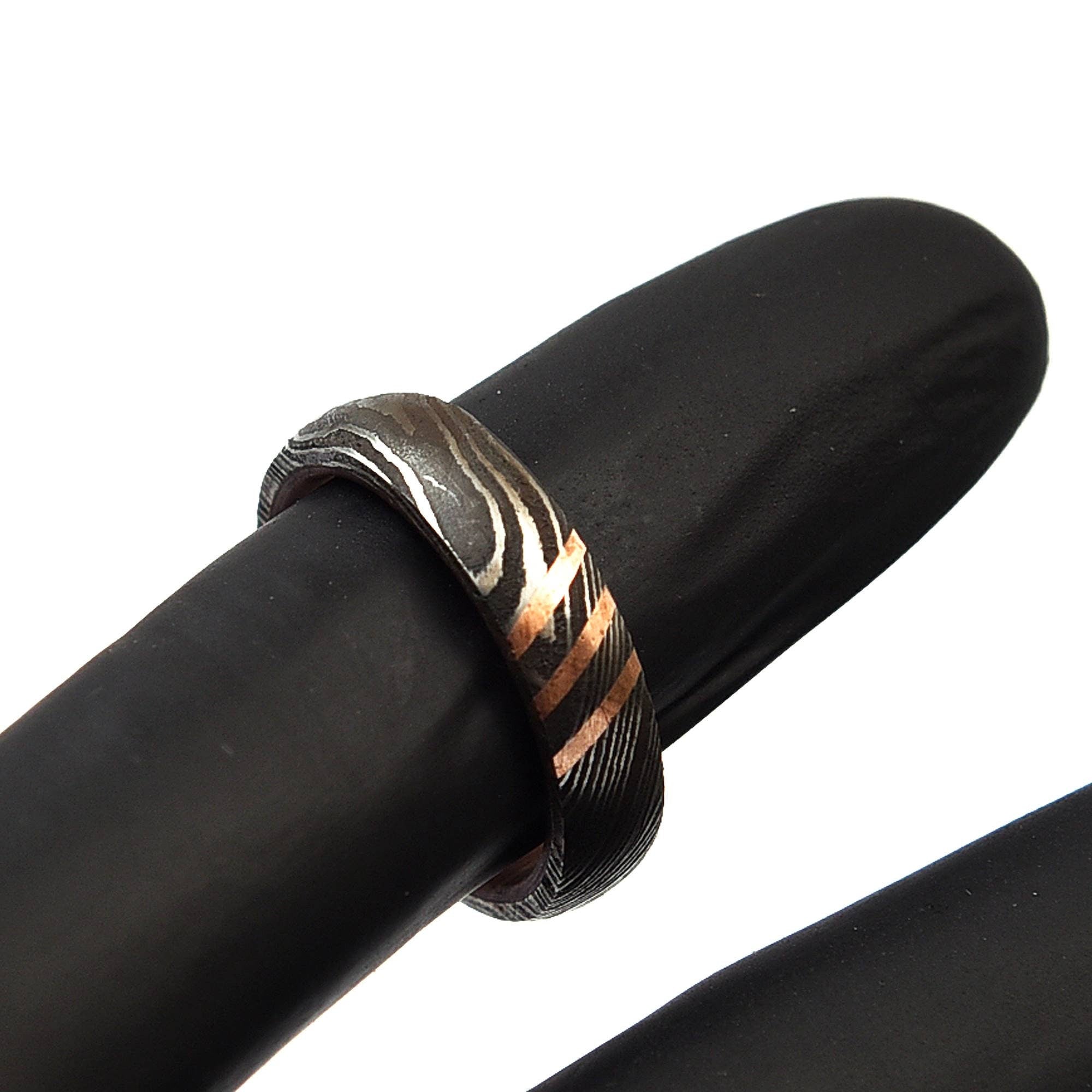 Damascus Steel Ring: Whisky Barrel Wood & Copper Lining