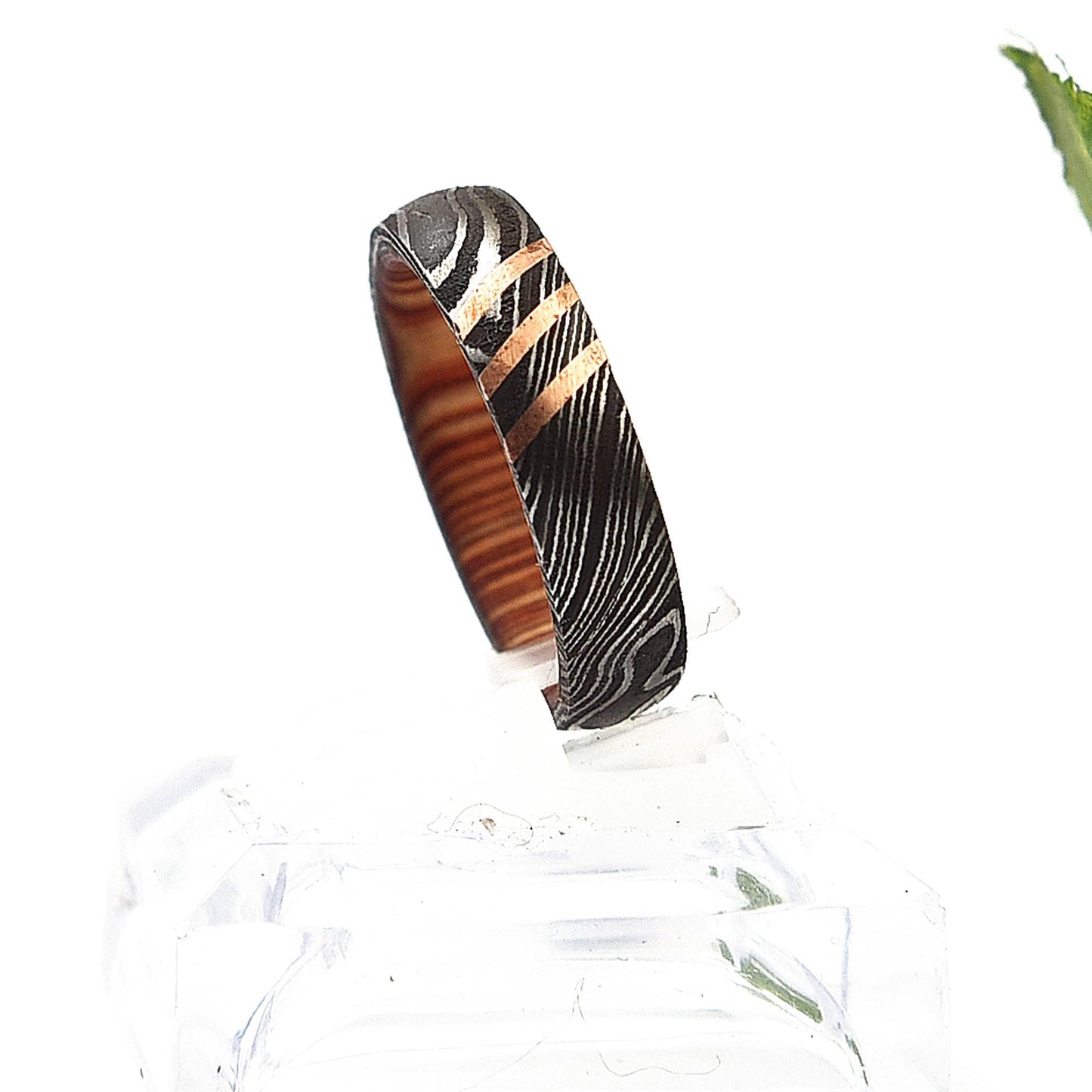 Damascus Steel Ring: Whisky Barrel Wood & Copper Lining