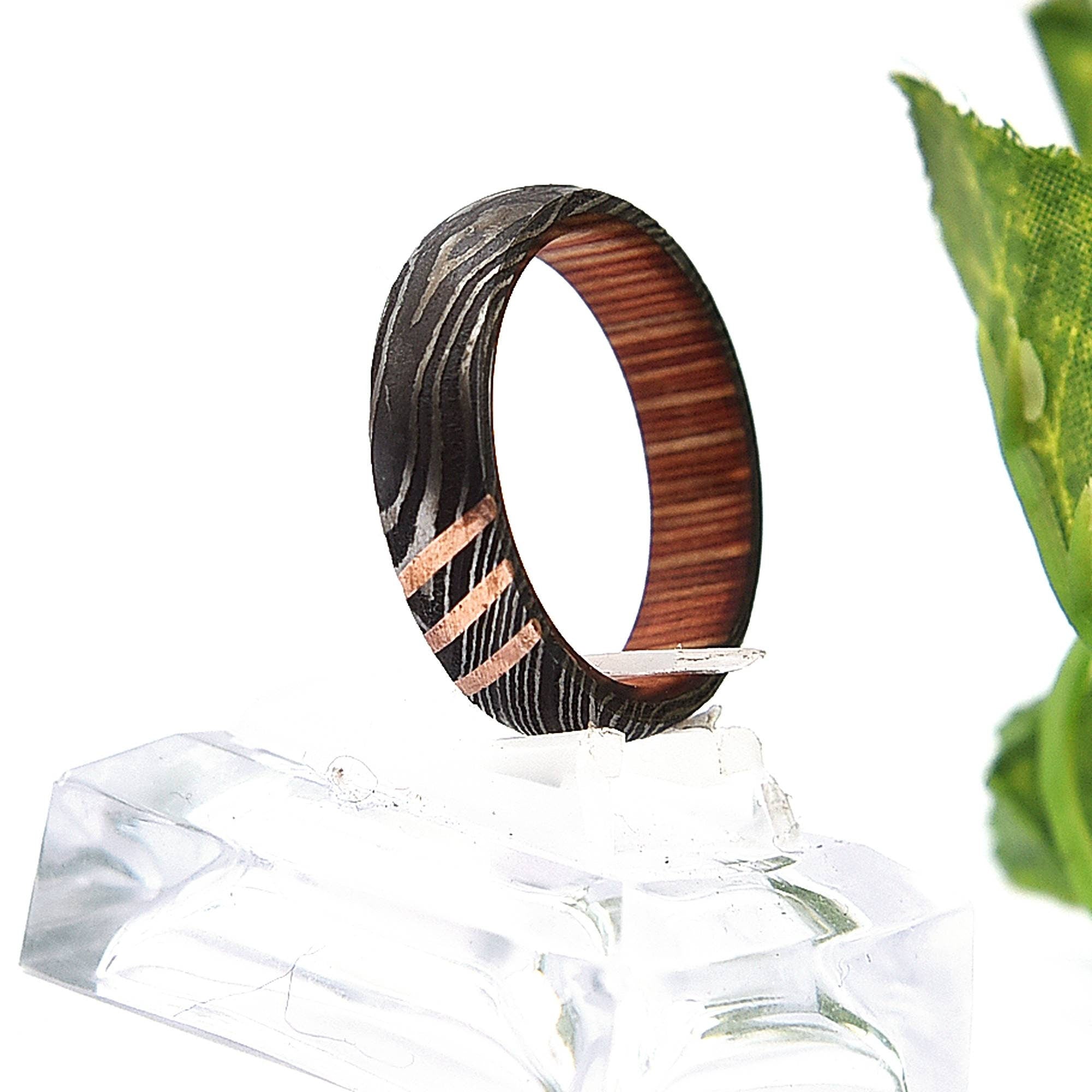 Damascus Steel Ring: Whisky Barrel Wood & Copper Lining