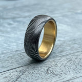 Handmade Damascus Steel Wedding Band: Hammered Ring with Brass Inlay