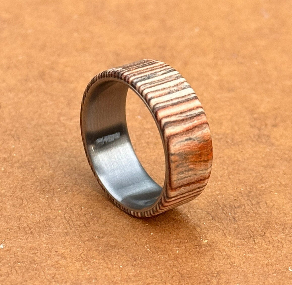 Minimalist Titanium Ring: Whisky Barrel Wood Wedding Band