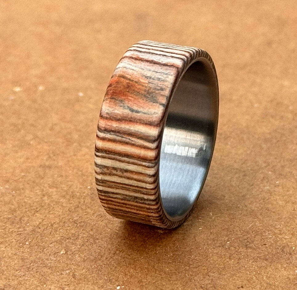 Minimalist Titanium Ring: Whisky Barrel Wood Wedding Band