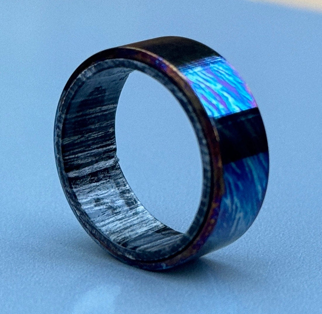 Handmade Titanium Wedding Band: Black Stabilized Wood Inlay, Unique Pattern