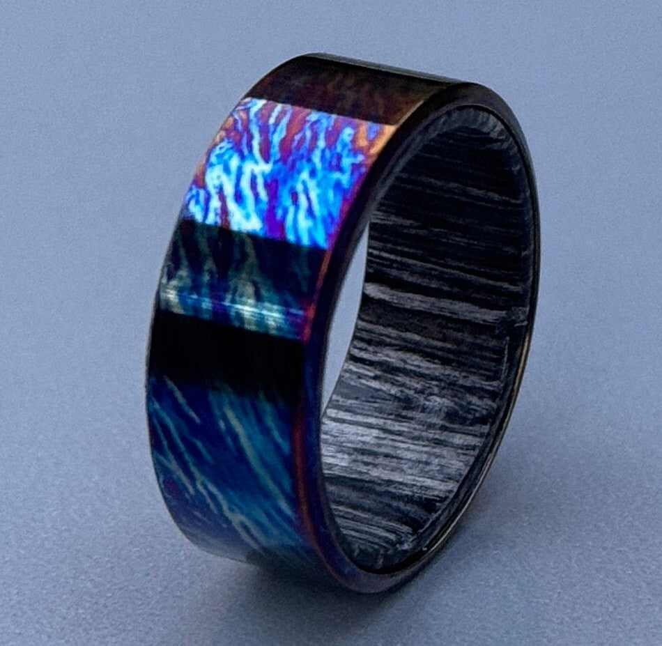 Handmade Titanium Wedding Band: Black Stabilized Wood Inlay, Unique Pattern