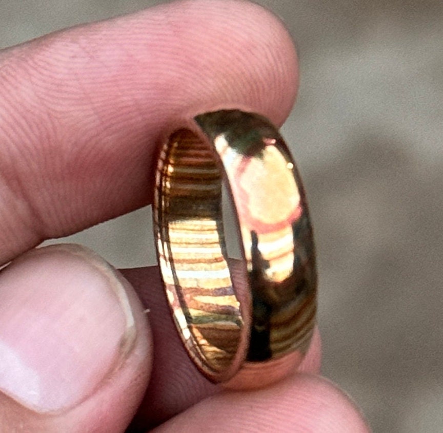 Handcrafted Domed Mokume Gane Ring: Brass, Silver Nickel Wedding Band