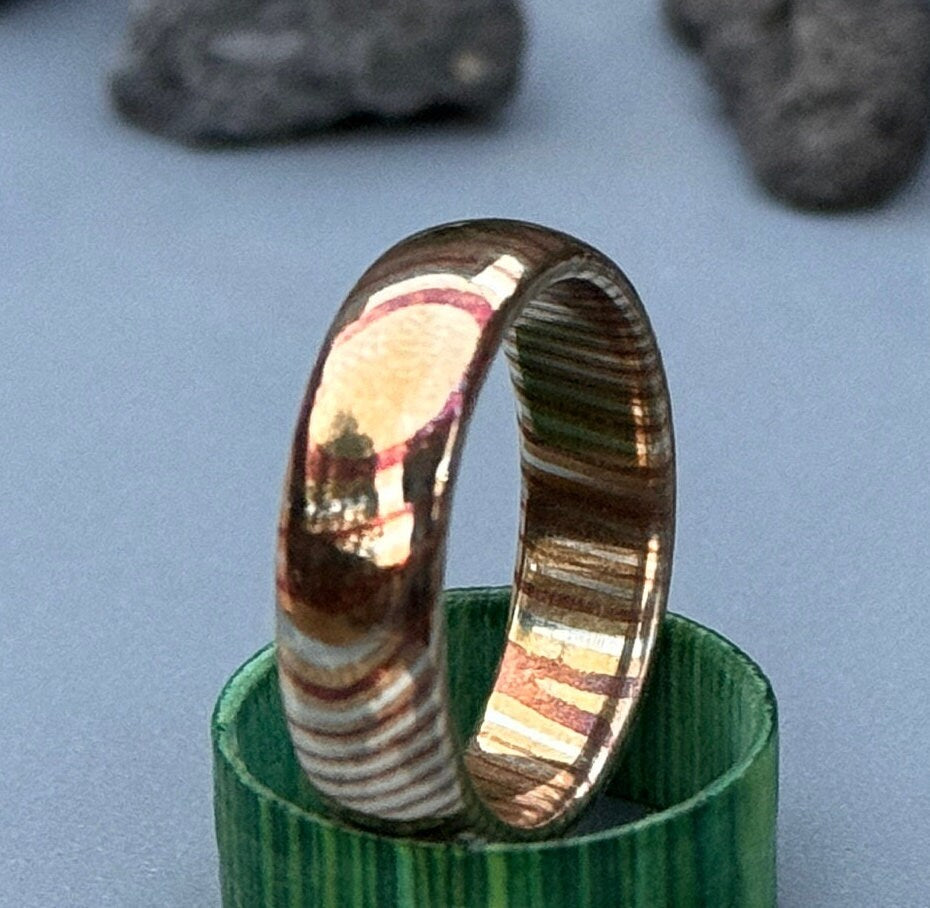 Handcrafted Domed Mokume Gane Ring: Brass, Silver Nickel Wedding Band