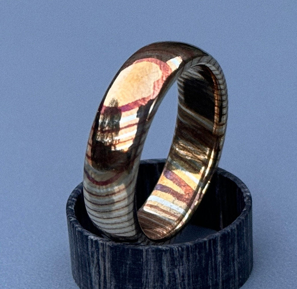 Handcrafted Domed Mokume Gane Ring: Brass, Silver Nickel Wedding Band