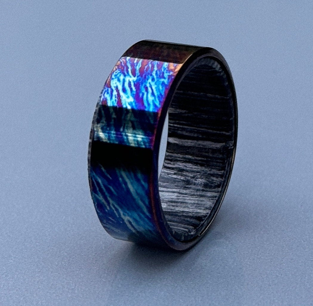 Handmade Titanium Wedding Band: Black Stabilized Wood Inlay, Unique Pattern