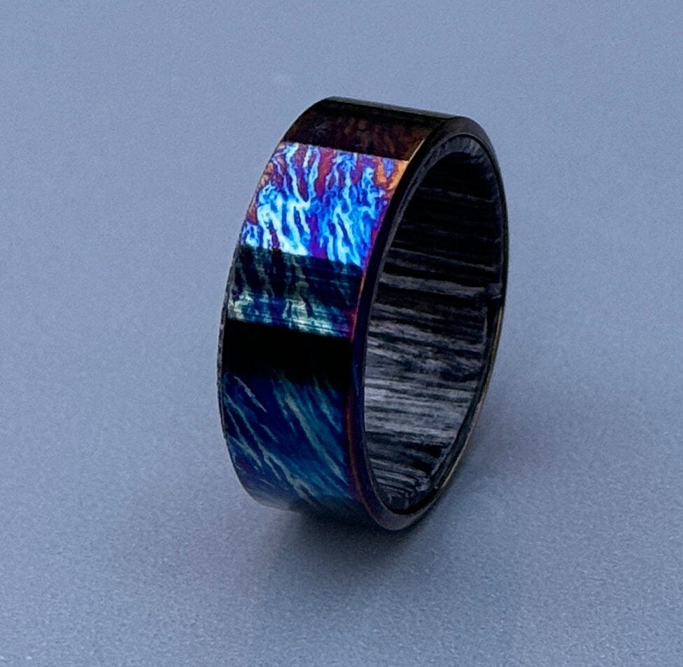 Handmade Titanium Wedding Band: Black Stabilized Wood Inlay, Unique Pattern