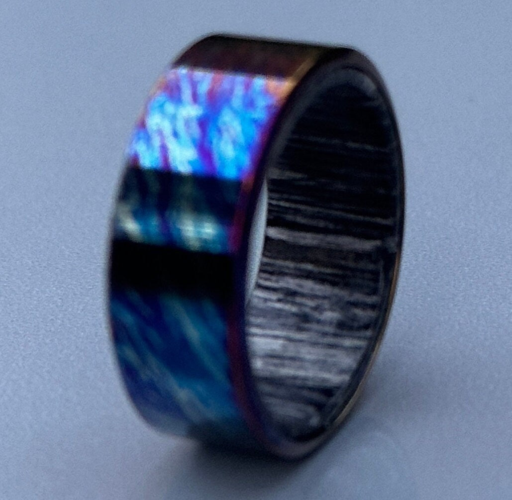 Handmade Titanium Wedding Band: Black Stabilized Wood Inlay, Unique Pattern