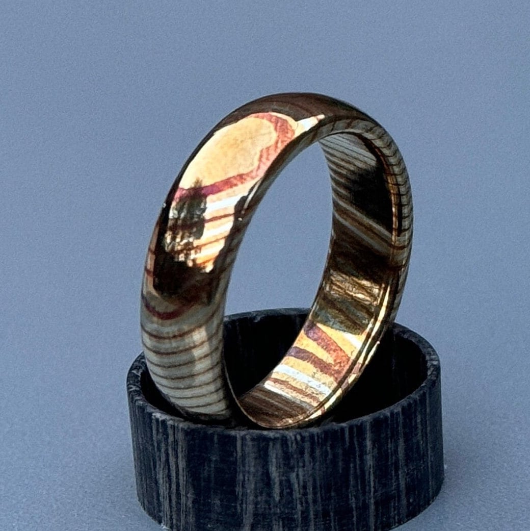 Handcrafted Domed Mokume Gane Ring: Brass, Silver Nickel Wedding Band