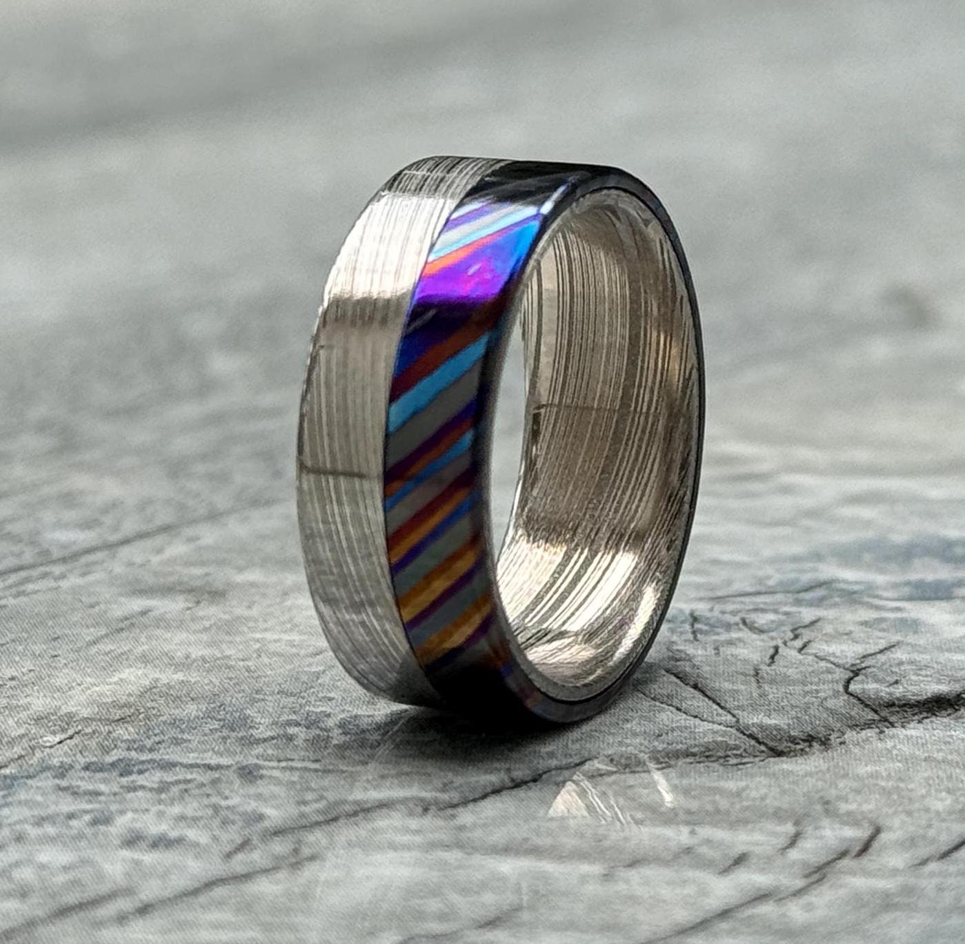 Damasteel & Zircuti Wedding Band: Black Timascus Anniversary Ring