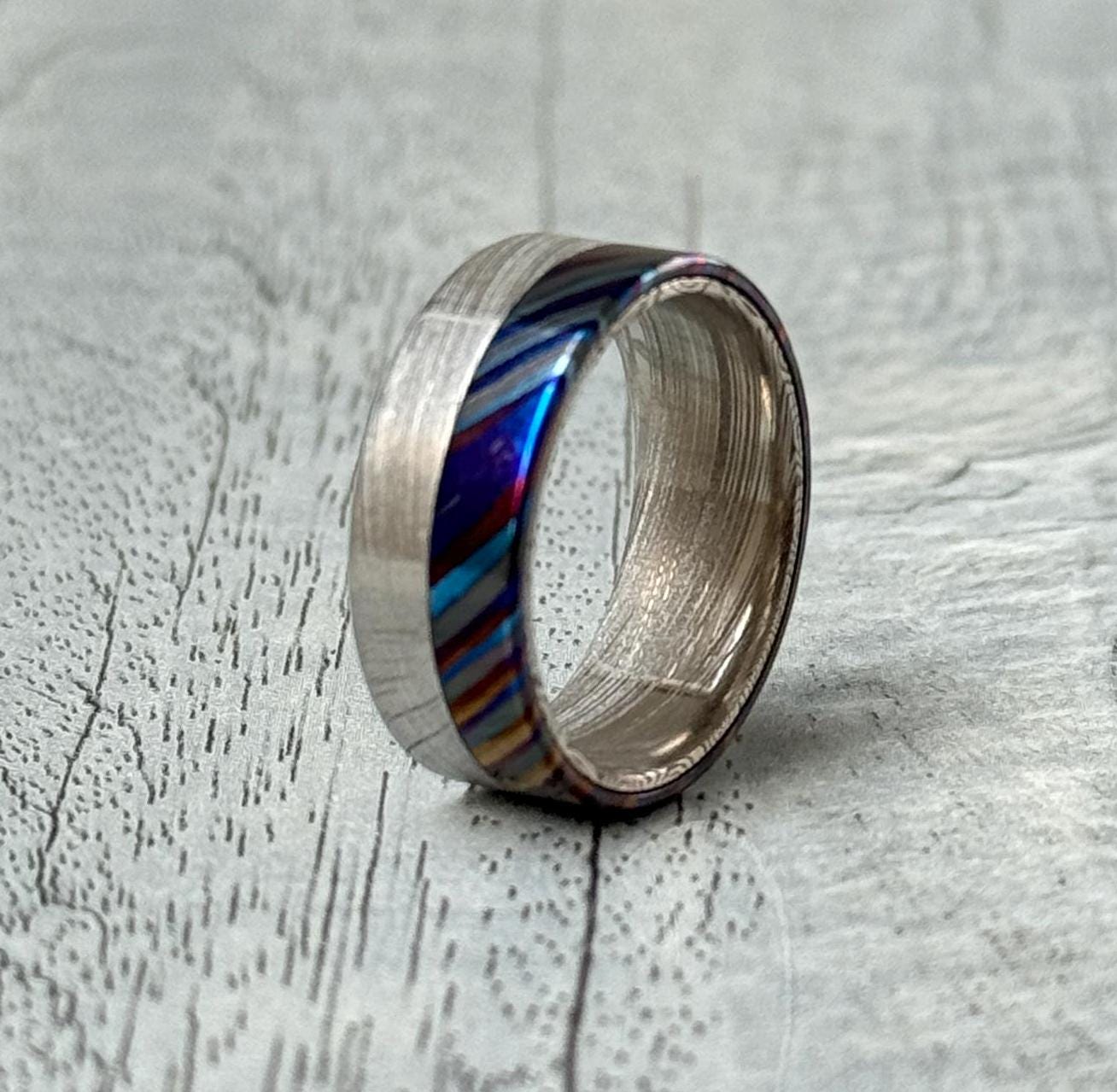 Damasteel & Zircuti Wedding Band: Black Timascus Anniversary Ring