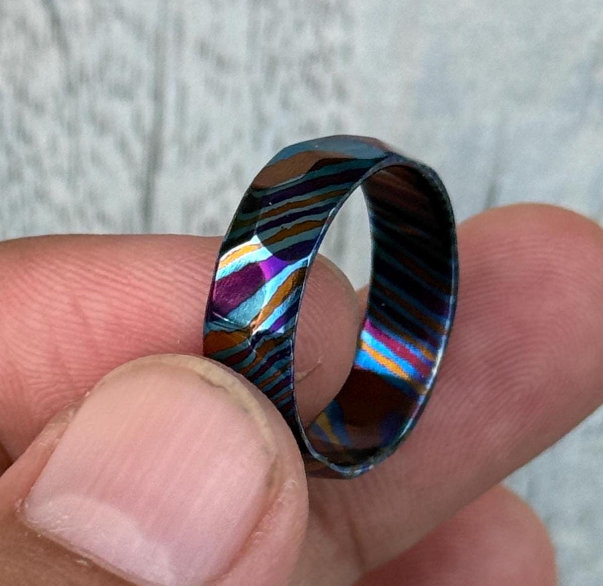 Handmade Timascus Faceted Ring - 3 Alloy Wedding Band