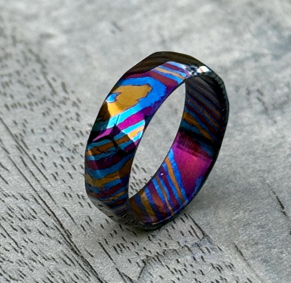 Handmade Timascus Faceted Ring - 3 Alloy Wedding Band