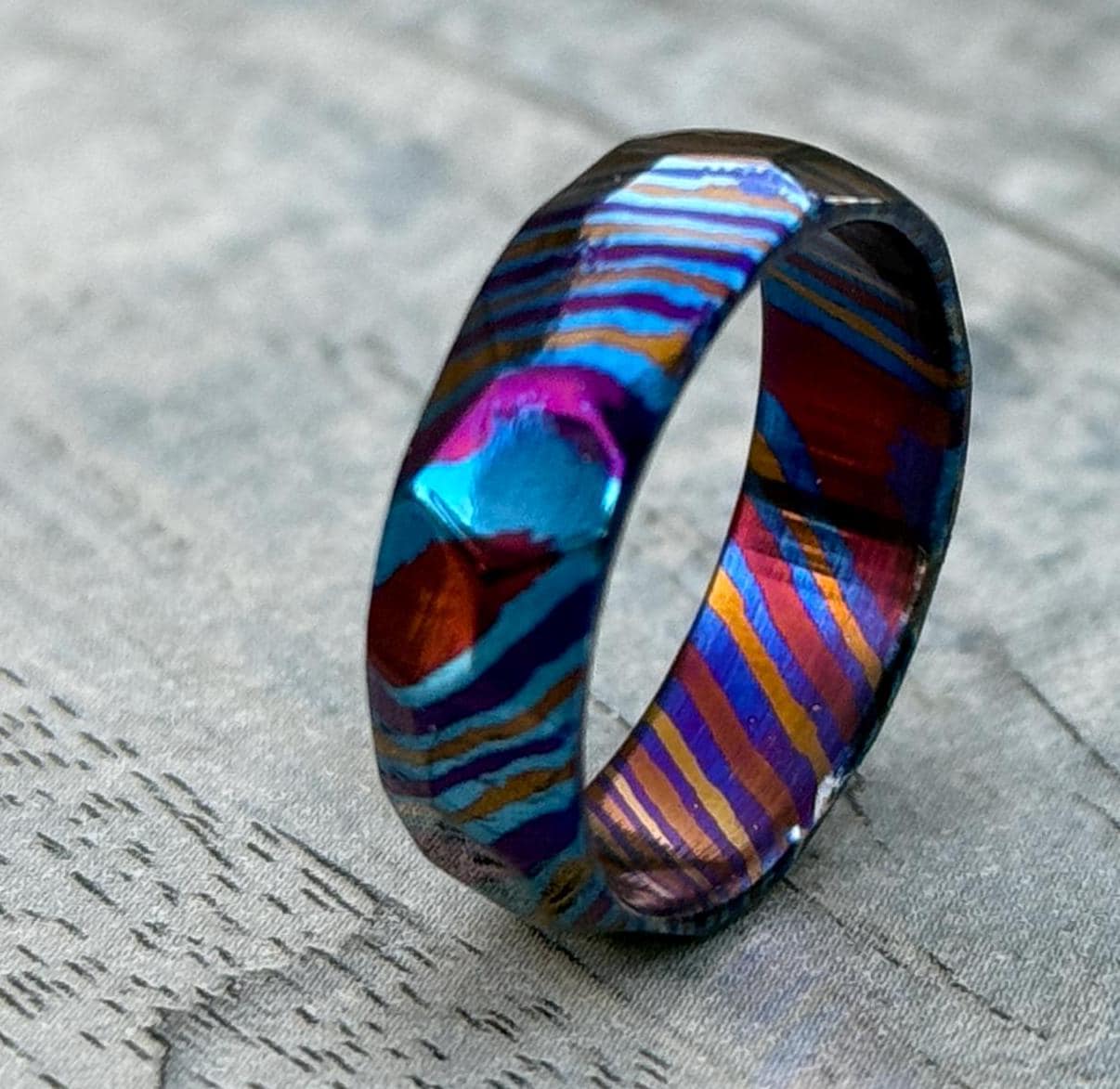 Handmade Timascus Faceted Ring - 3 Alloy Wedding Band