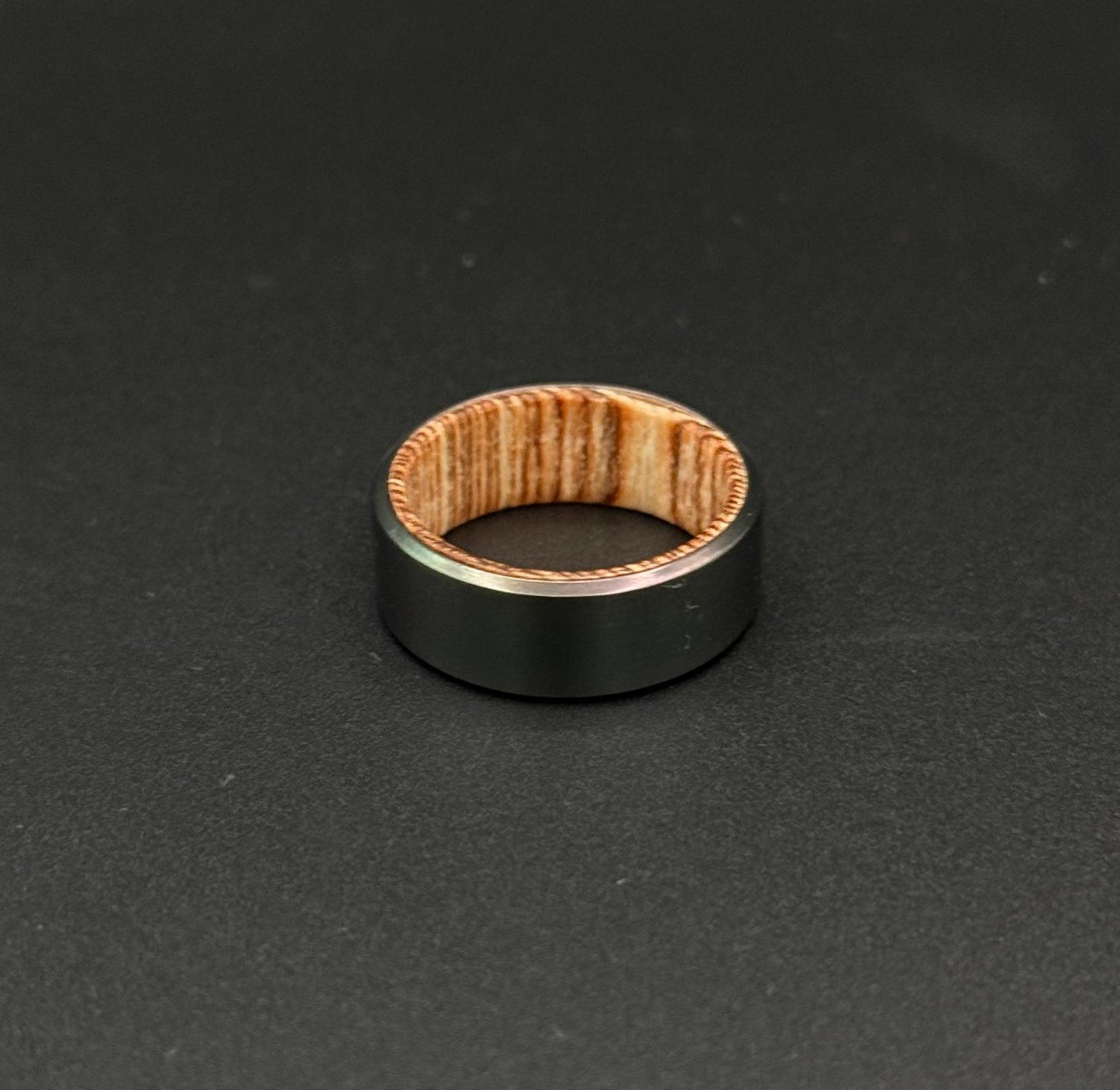 Handmade Black Zirconium Ring: Whiskey Barrel Wood Inlay Wedding Band