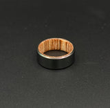 Handmade Black Zirconium Ring: Whiskey Barrel Wood Inlay Wedding Band