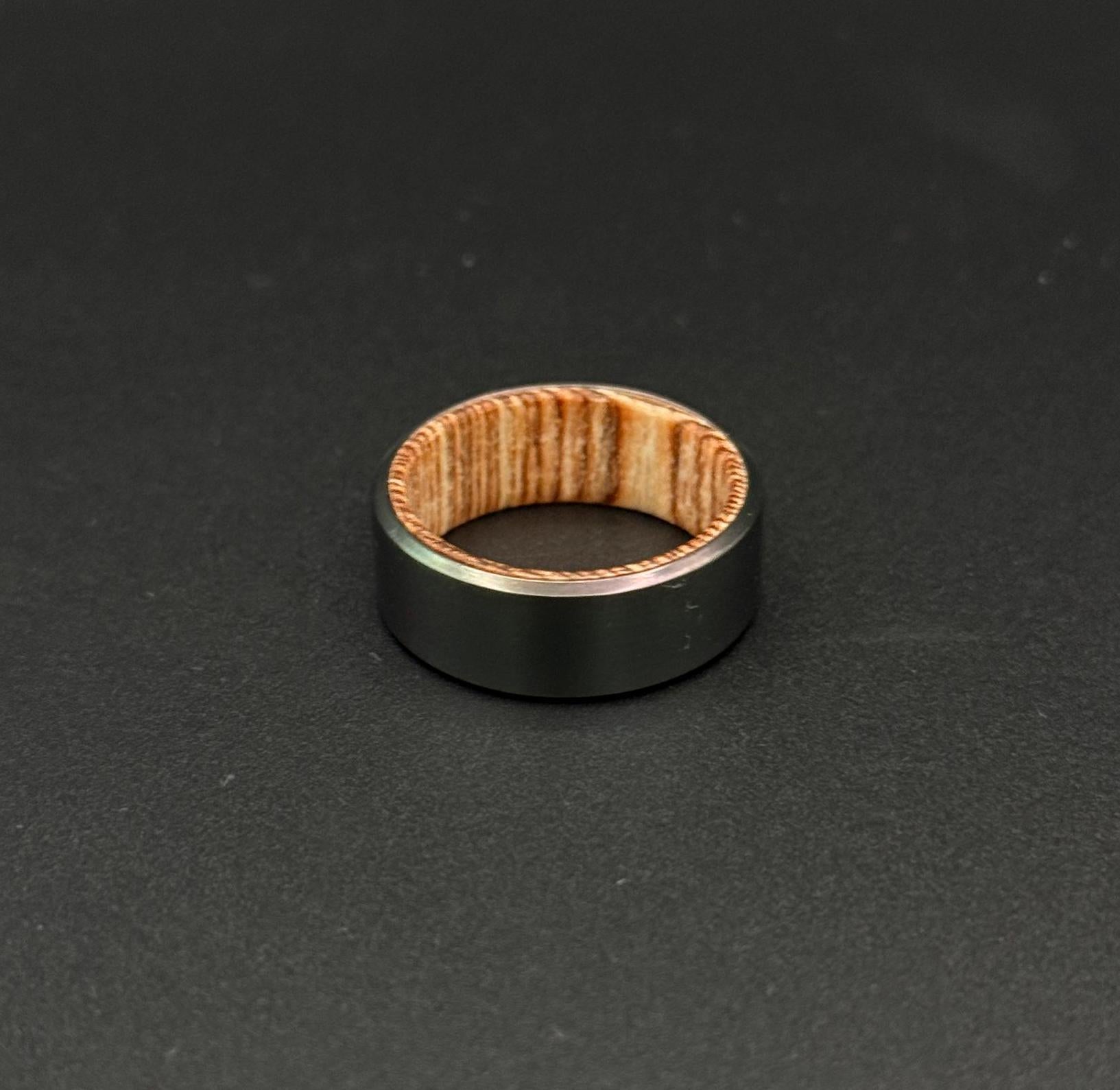 Handmade Black Zirconium Ring: Whiskey Barrel Wood Inlay Wedding Band