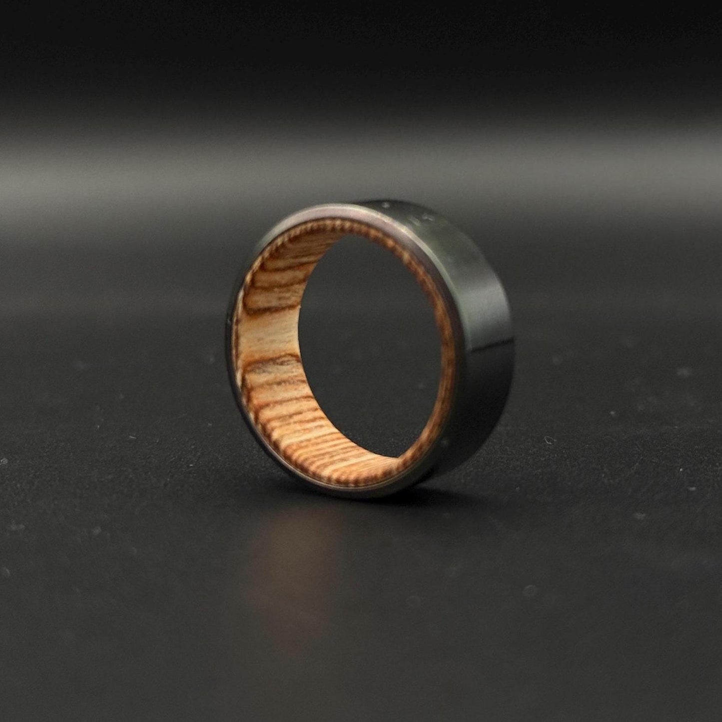 Handmade Black Zirconium Ring: Whiskey Barrel Wood Inlay Wedding Band