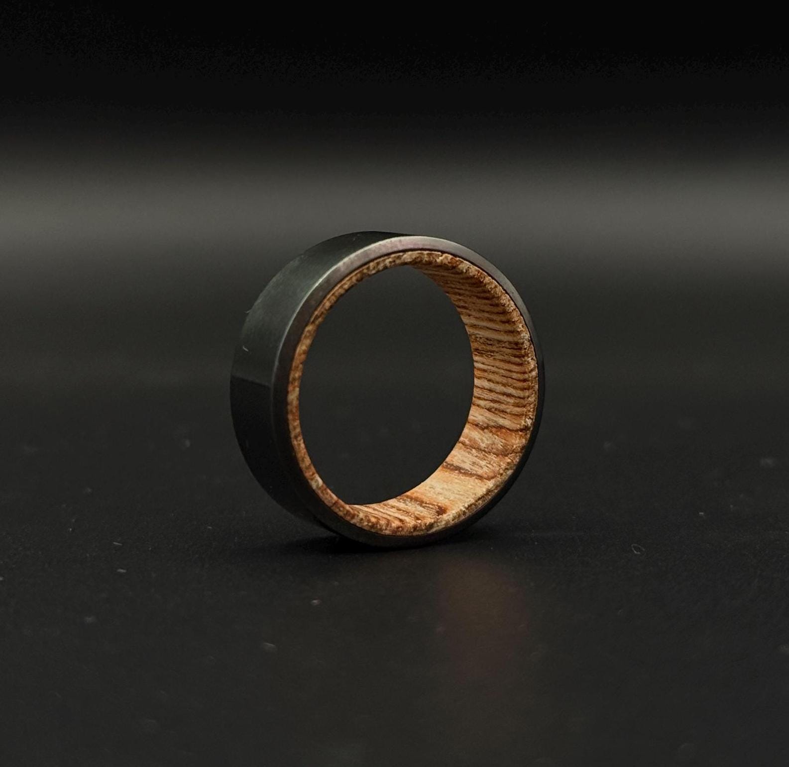 Handmade Black Zirconium Ring: Whiskey Barrel Wood Inlay Wedding Band