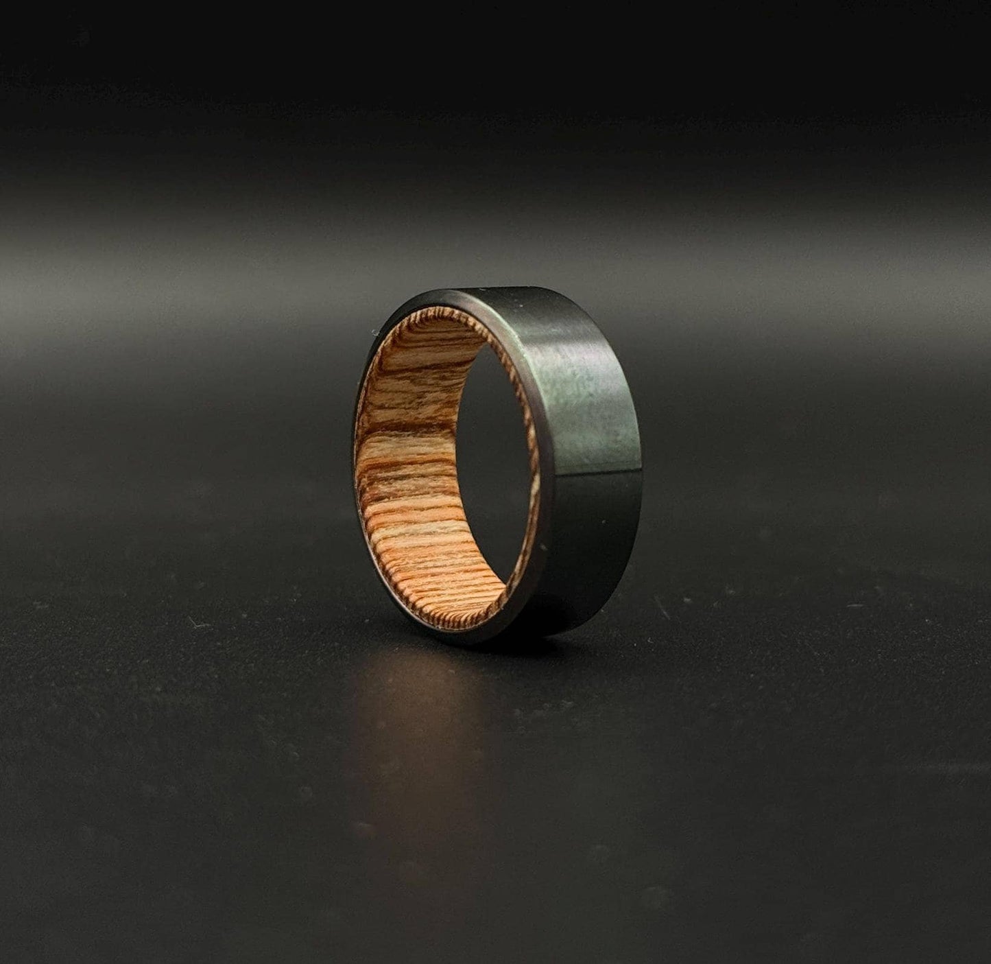 Handmade Black Zirconium Ring: Whiskey Barrel Wood Inlay Wedding Band