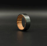 Handmade Black Zirconium Ring: Whiskey Barrel Wood Inlay Wedding Band