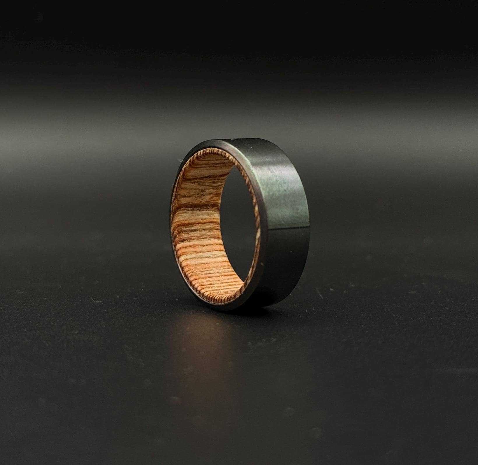 Handmade Black Zirconium Ring: Whiskey Barrel Wood Inlay Wedding Band