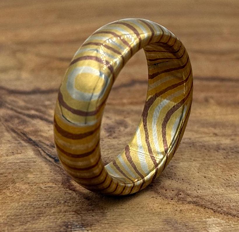 Handcrafted Domed Mokume Gane Ring: Copper, Brass & Silver Nickel