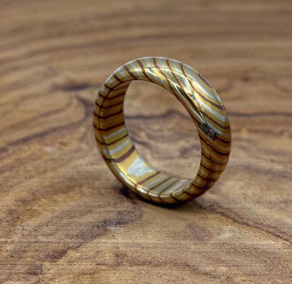 Handcrafted Domed Mokume Gane Ring: Copper, Brass & Silver Nickel