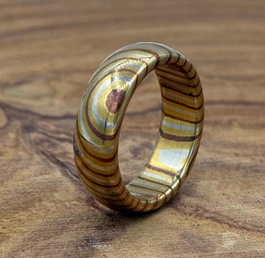 Handcrafted Domed Mokume Gane Ring: Copper, Brass & Silver Nickel